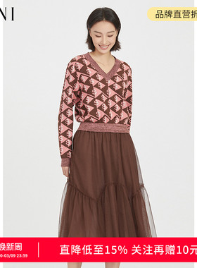 SANI奥莱特卖商场同款冬气质毛织撞色拼接网纱V领连衣裙中长裙女