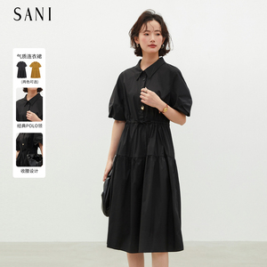 SANI奥莱商场同款翻领抽绳收腰连衣裙女捏褶衬衫裙中长裙26夏季