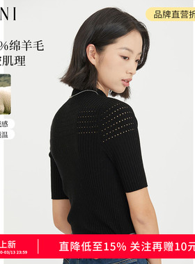 SANI气质半高领镂空100%绵羊毛五分袖针织衫女舒适百搭套头毛衣