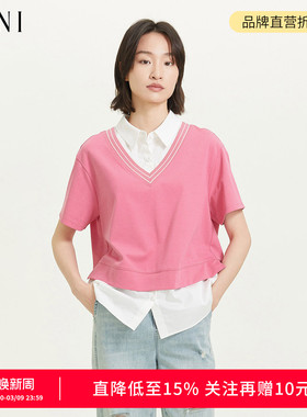 SANI商场同款2026秋季翻领假两件拼接简约百搭通勤短袖T恤女