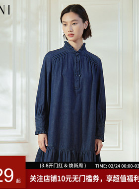 SANI亏本清仓不退不换100%棉气质减龄长袖中长牛仔鱼尾连衣裙女