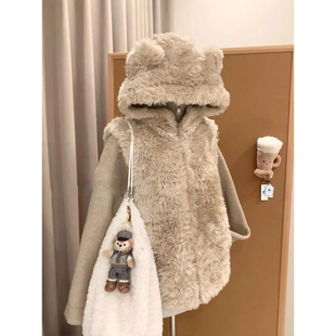 仿羊羔毛小熊耳朵连帽马甲外套内搭上衣套装秋冬新款小个子两件套
