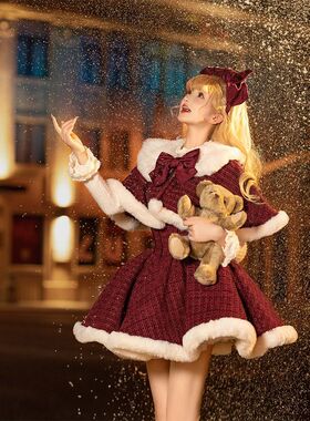 小初雪 冬装新款红色新年战袍毛绒Lolita连衣裙斗篷外套披肩套装