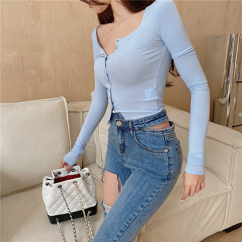 Real price real-time elegant V-neck tight single breasted sexy short cardigan + holed high waist Leggings jeans