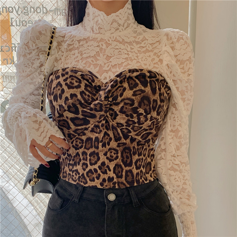 Real price ~ smart sexy slim leopard V-neck breast / Dress + versatile lace mesh top