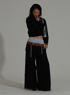 61sec 24FW Natural combinations 叠穿拼接牛皮双腰头黑色长裤