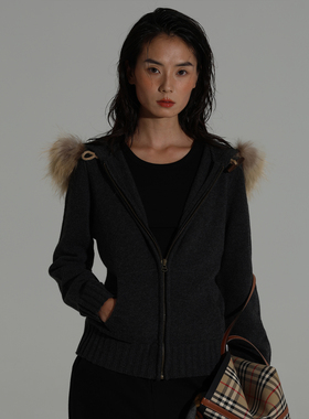 61sec 24FW Natural combinations 深灰色连帽貉子领毛衣外套