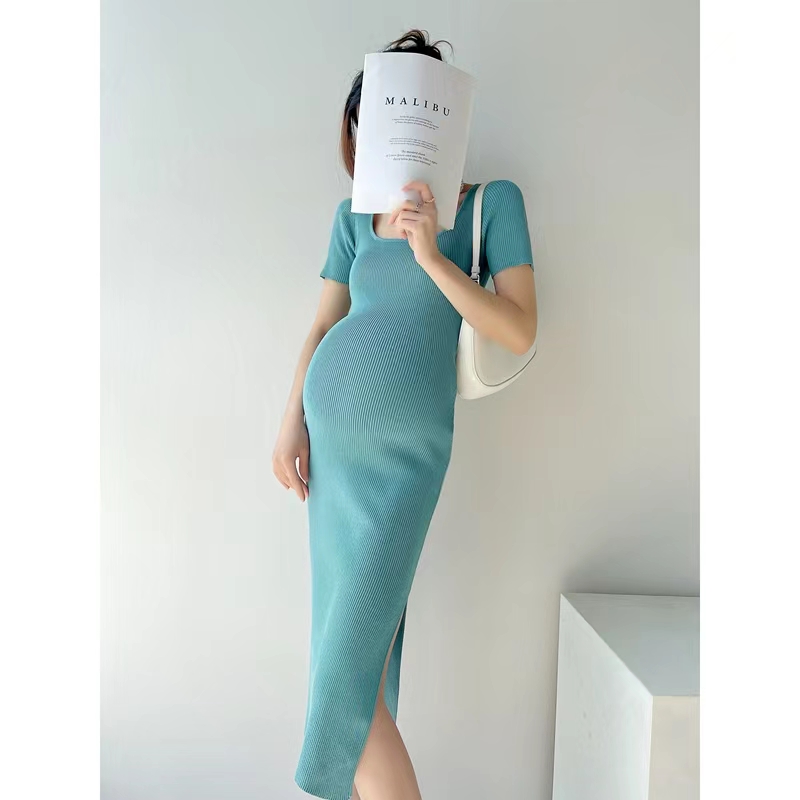 春夏修身方领短袖孕妇针织长裙