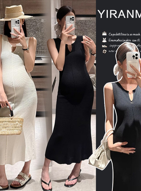 孕妇装连衣裙夏季新款韩版坑条设计感V领高级感显瘦减龄辣妈长裙