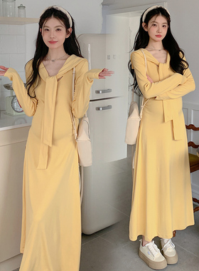 孕妇装春秋新款2025时尚披肩假两件中长款海军领连衣裙高级感穿搭