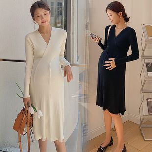 网红时尚新款秋冬针织辣妈连衣裙宽松显瘦包芯纱长袖孕妇毛衣裙女