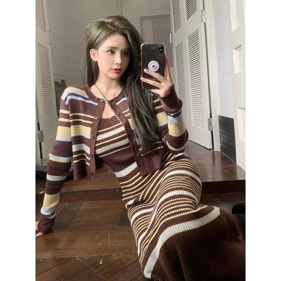 韩国复古条纹针织孕妇装套装