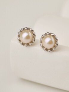 凌溪珠宝 复古麻花珍珠耳钉项链套组淡水珍珠S925纯银职场百搭