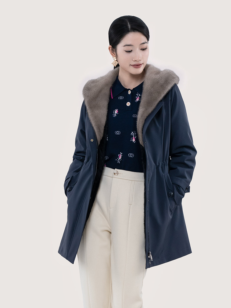 k&ch纤牌女装派克服女水貂毛内胆中长款连帽皮草保暖加厚外套女