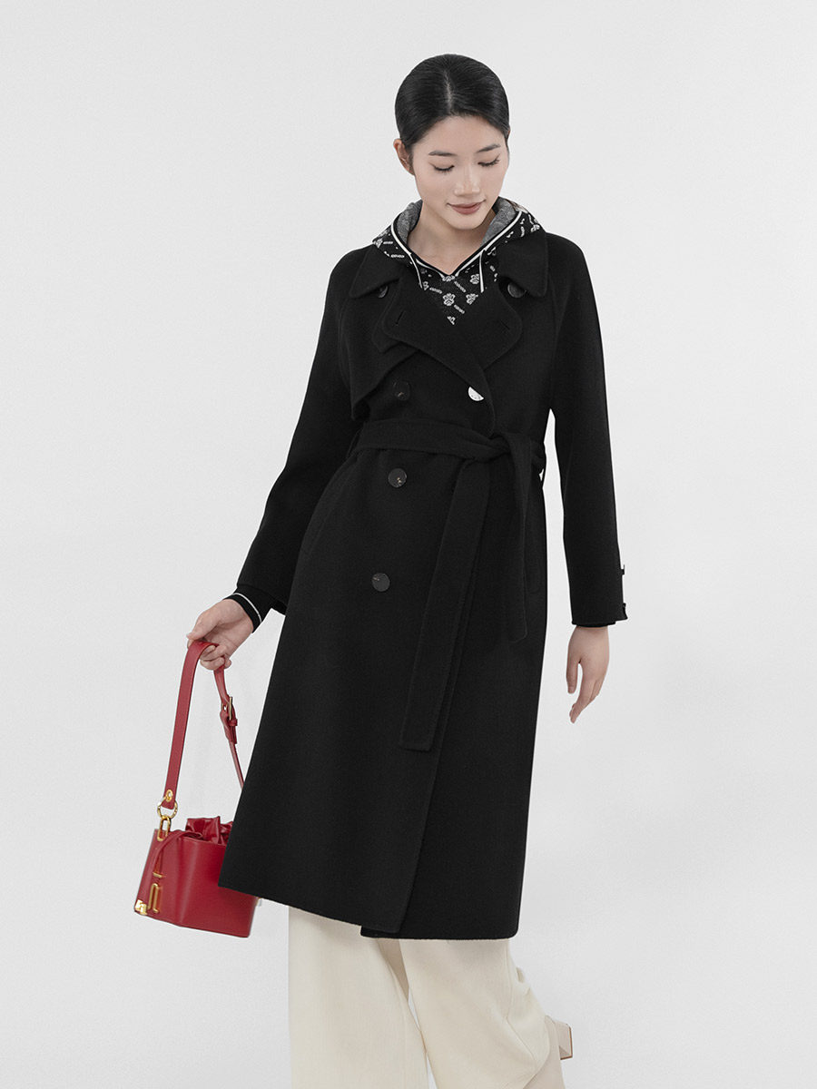 K&CH纤牌女装\2023秋季新款西装领绵羊毛显瘦双面呢大衣气质外套