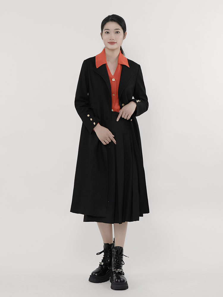 K&CH纤牌女装\2023早秋新款气质通勤西装领纯色修身羊毛大衣外套