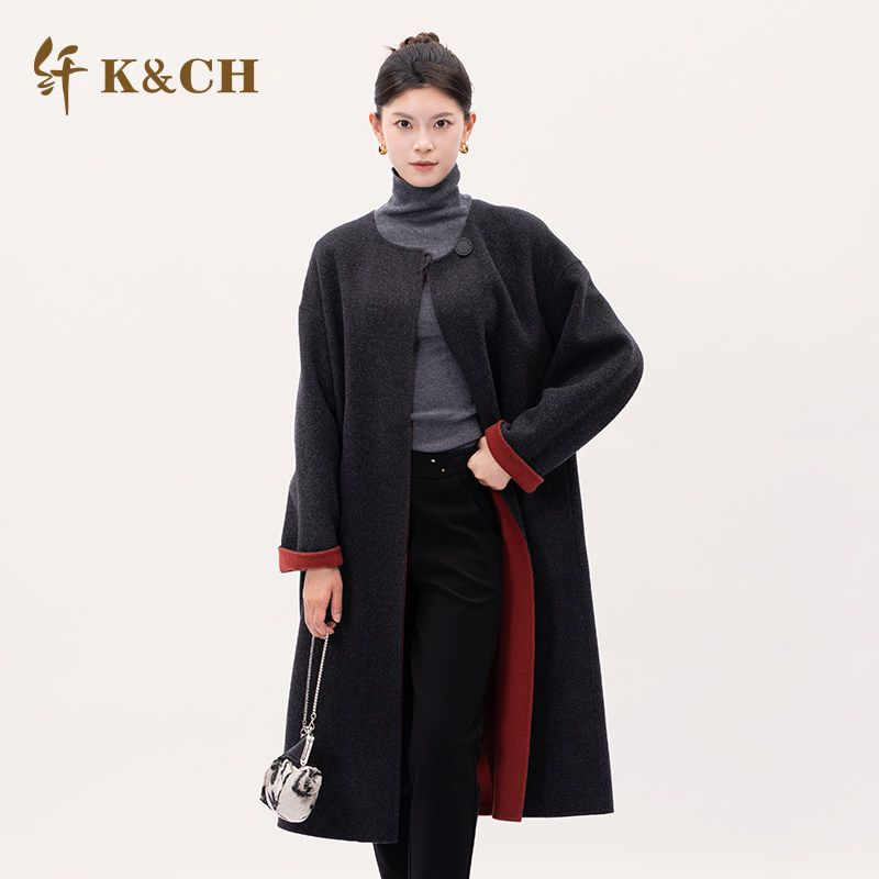 撞色双面呢羊毛大衣外套女