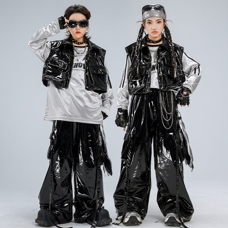 街舞儿童潮服男童黑色皮衣舞蹈服套装hiphop女童酷帅少儿表演服装