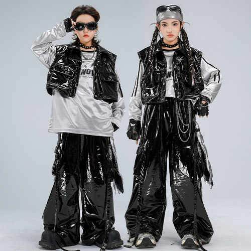 街舞儿童潮服男童黑色皮衣舞蹈服套装hiphop女童酷帅少儿表演服装