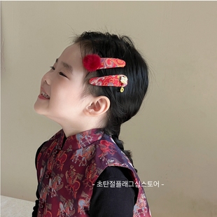 汉服毛绒刺绣中国风儿童红色新年发卡女童头饰新款小女孩碎发夹子