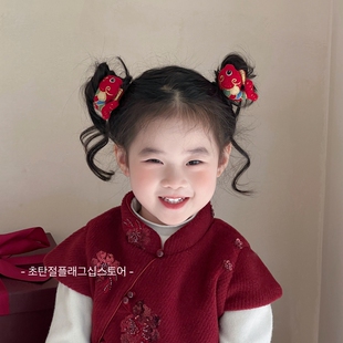 红色流苏锦鲤发夹儿童新年发圈汉服古风头饰女童过年发卡头绳女孩