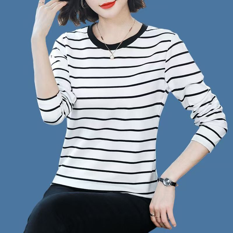 纯棉大码遮肚子减龄显瘦条纹长袖T恤女春秋中年妈妈洋气打底上衣