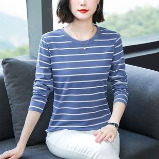 条纹春秋中年圆领遮肚纯棉长袖 上衣 T恤女大码 宽松显瘦内搭打底衫