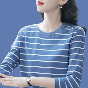 胖mm洋气纯棉条纹长袖 秋衣宽松遮肉圆领减龄上衣 t恤女打底衫 大码