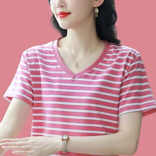时尚条纹棉质大码正肩短袖t恤女夏季胖人中年洋气宽松休闲v领上衣