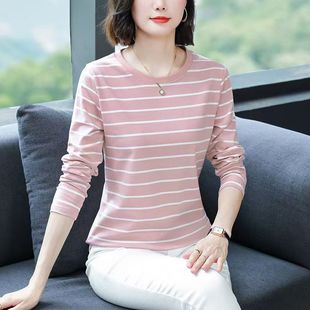 纯棉洋气减龄条纹长袖 t恤女2025春秋大码 遮肉宽松圆领上衣打底衫