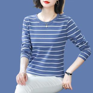 上衣 纯棉洋气减龄条纹长袖 t恤女2025新款 大码 遮肉宽松圆领打底衫