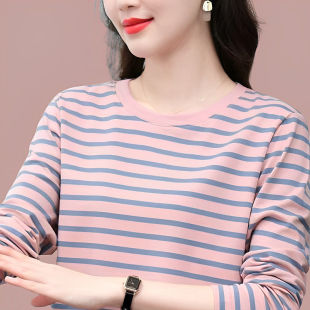 条纹春秋中年圆领遮肚纯棉长袖T恤女大码宽松内搭显瘦打底衫上衣