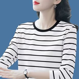 春秋胖mm大码 中年纯棉洋气条纹长袖 t恤女宽松上衣圆领遮肚打底衫