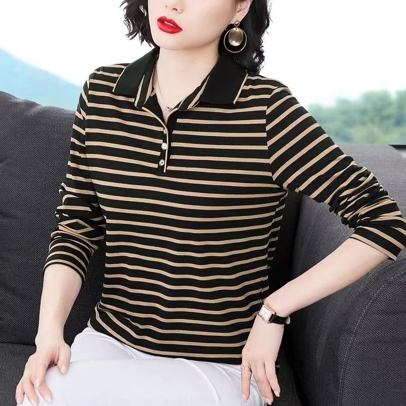 减龄条纹纯棉polo妈妈装长袖t恤女气质大码遮肚显瘦修身洋气上衣