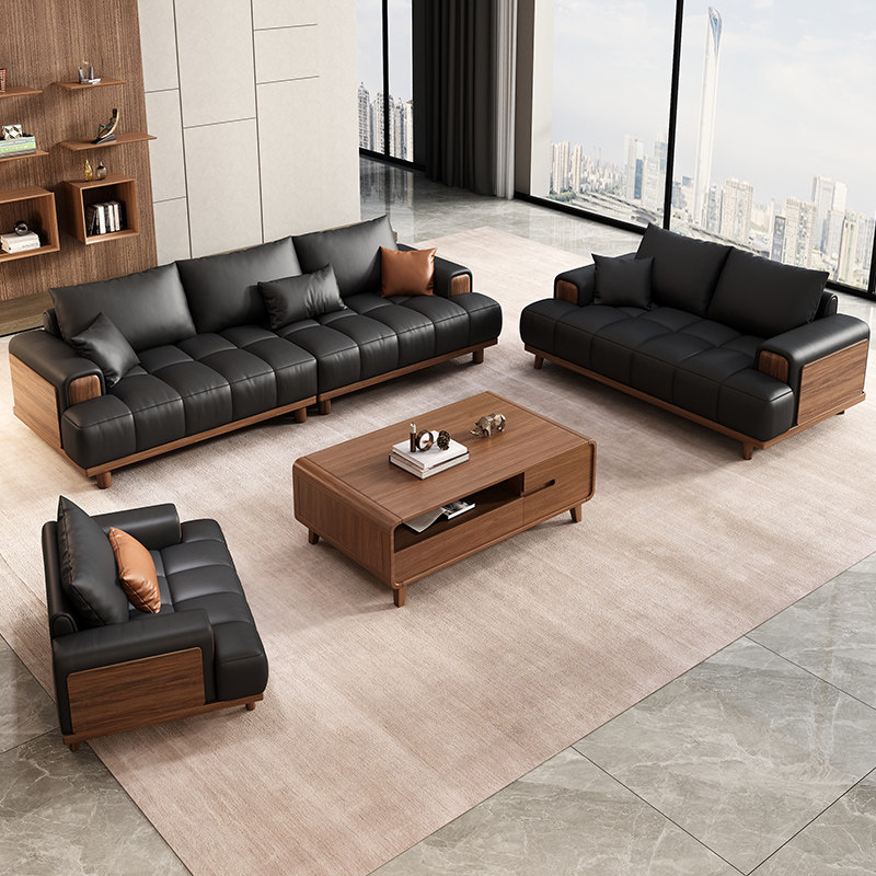 办公室接待真皮沙发商务会客洽谈休息区现代简约三位一体茶几组合