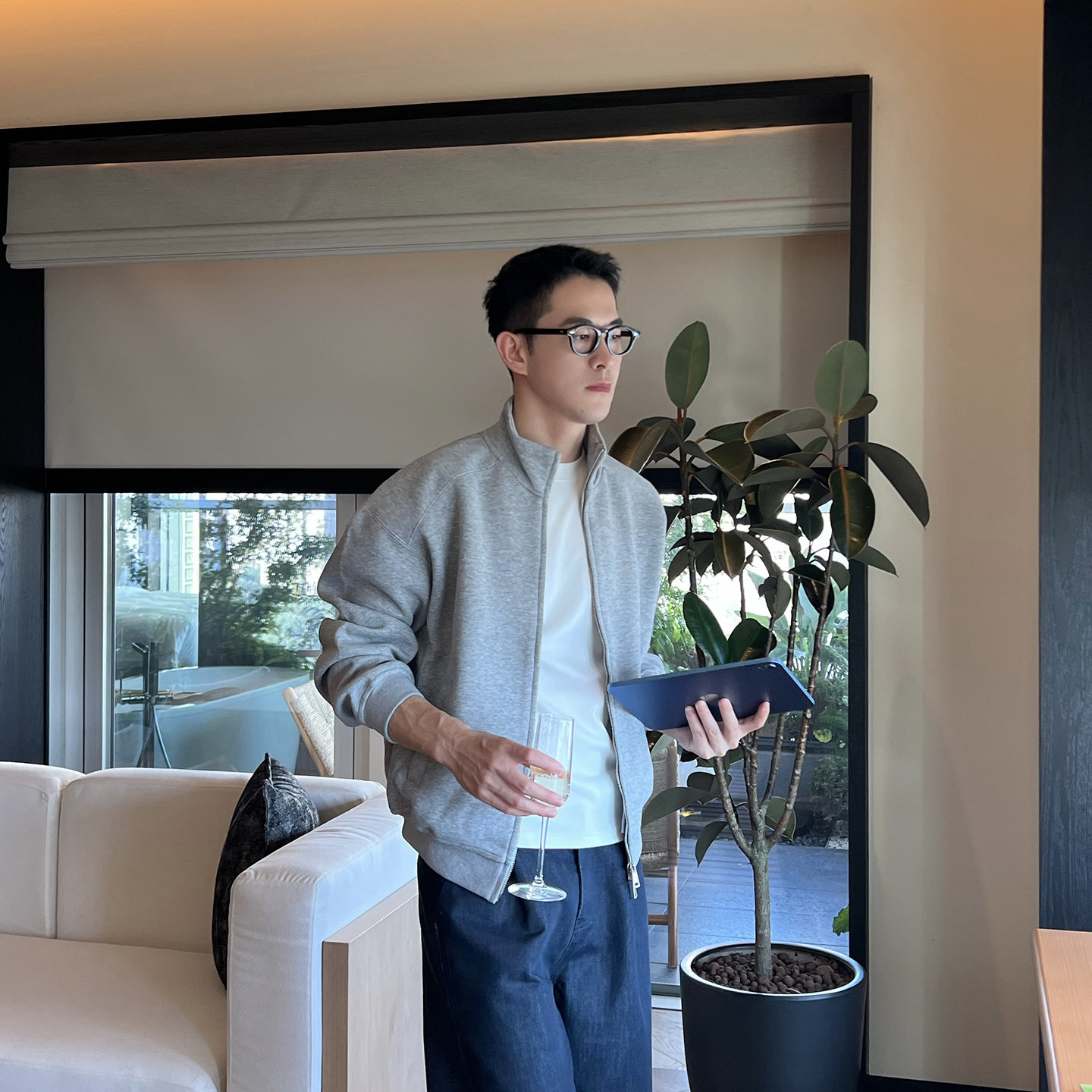 Nick Tian 秋冬纯色极简拉链卫衣外套男新款休闲立领宽松灰色夹克