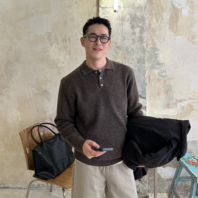 NickTian老钱风翻领休闲针织衫