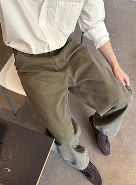 Nick Tian 小直筒绿色牛仔裤男秋季新款韩系简约高级宽松休闲百搭