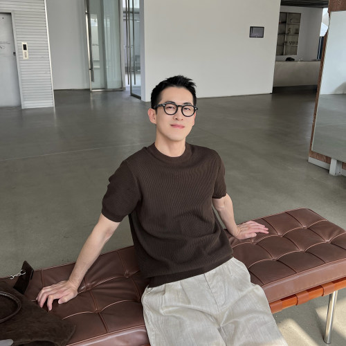 NickTian纯色条纹冰丝针织短袖