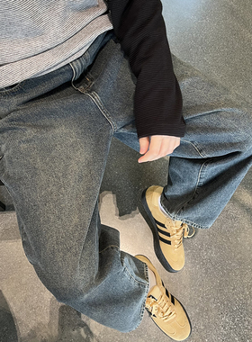 nick tian 秋冬美式复古黑黄色水洗牛仔裤男简约休闲阔腿厚长裤