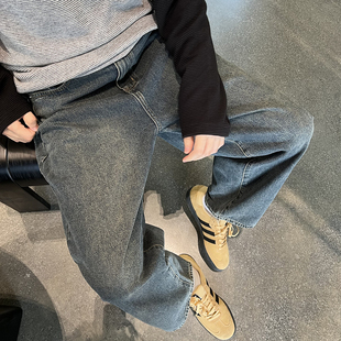 男简约休闲阔腿厚长裤 nick 复古黑黄色水洗牛仔裤 秋冬美式 tian