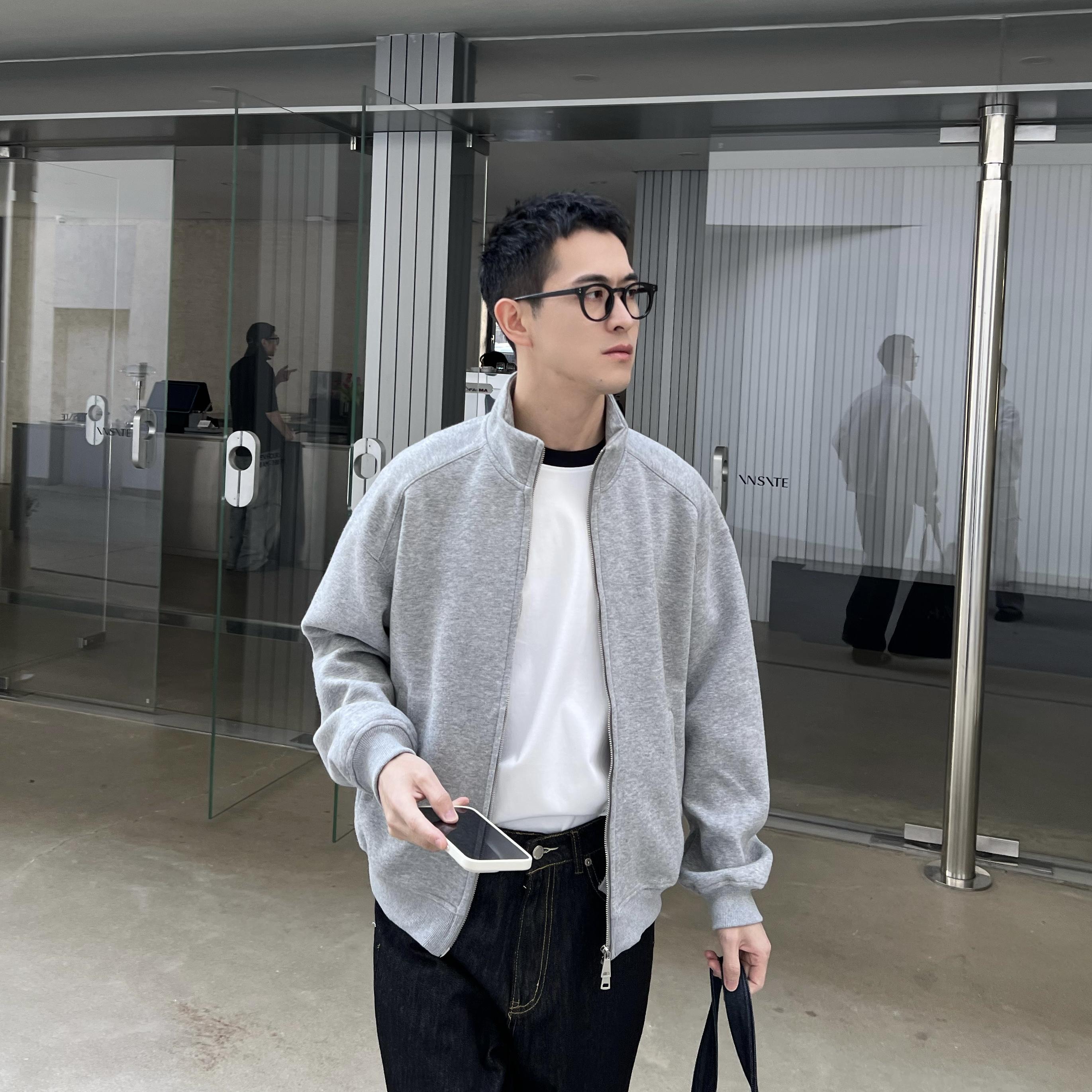NickTian灰色拉链开衫卫衣外套