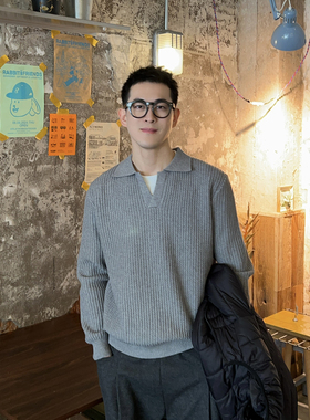 Nick Tian 老钱风V领肌理条纹纯色长袖针织衫男秋冬韩系百搭毛衣