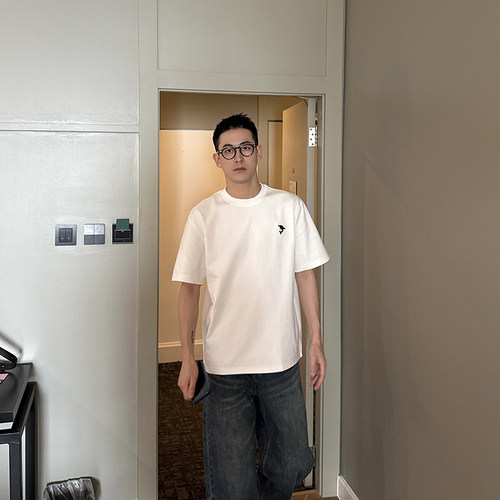 NickTian重工刺绣白色短袖T恤