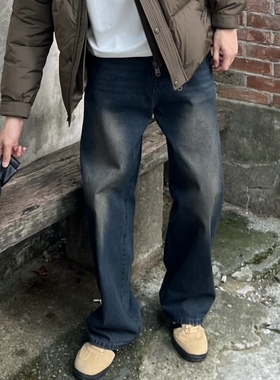 nick tian 美式复古蓝色水洗牛仔裤男cleanfit宽松直筒休闲长裤