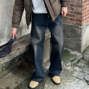 男cleanfit宽松直筒休闲长裤 nick 复古蓝色水洗牛仔裤 美式 tian