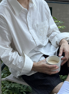 Nick Tian 镂空口袋薄款白色亚麻防晒长袖衬衫男夏季新款简约休闲