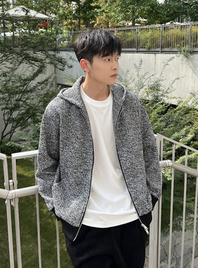 nick tian 秋冬新款休闲编织纹理花灰色连帽卫衣男宽松舒适厚外套