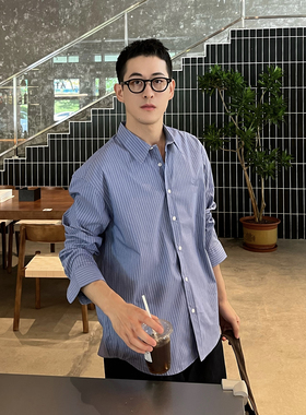 Nick Tian 极简老钱风纯色条纹长袖衬衫男秋冬韩版蓝色衬衣打底衫
