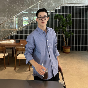 Tian 蓝色衬衣打底衫 极简老钱风纯色条纹长袖 男秋冬韩版 衬衫 Nick